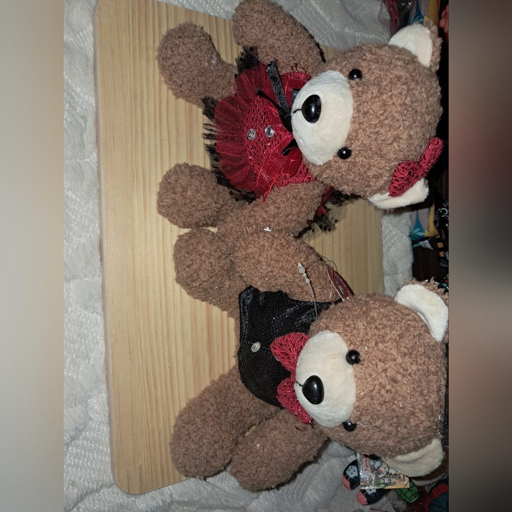 Adorable Brown Stuffed Teddy Bears with Red and Black Outfits